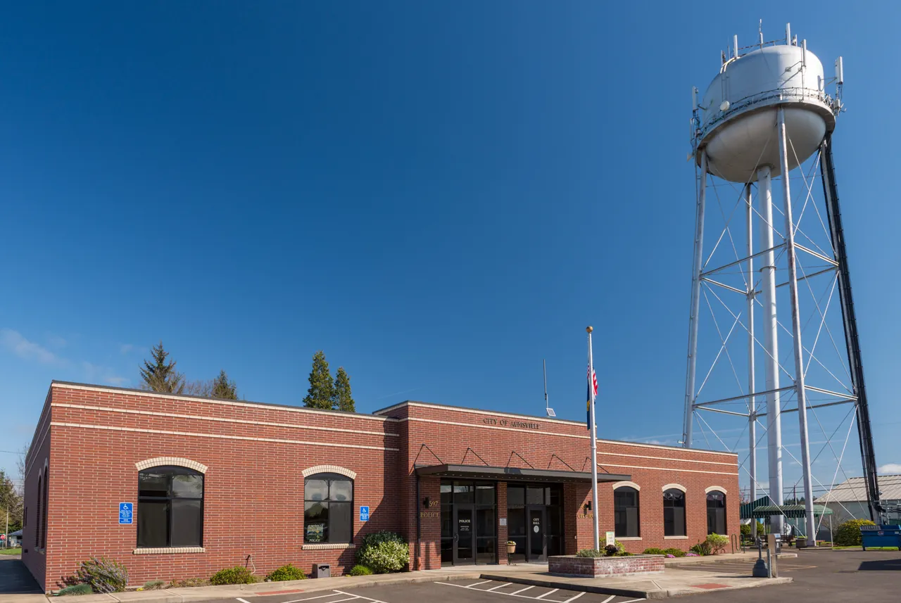 Aumsville City Hall and water tower; community context, not a roof project